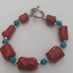 New Red Coral & Turquoise Blue Beaded Bracelet, Silver Accents, Genuine, Boxed